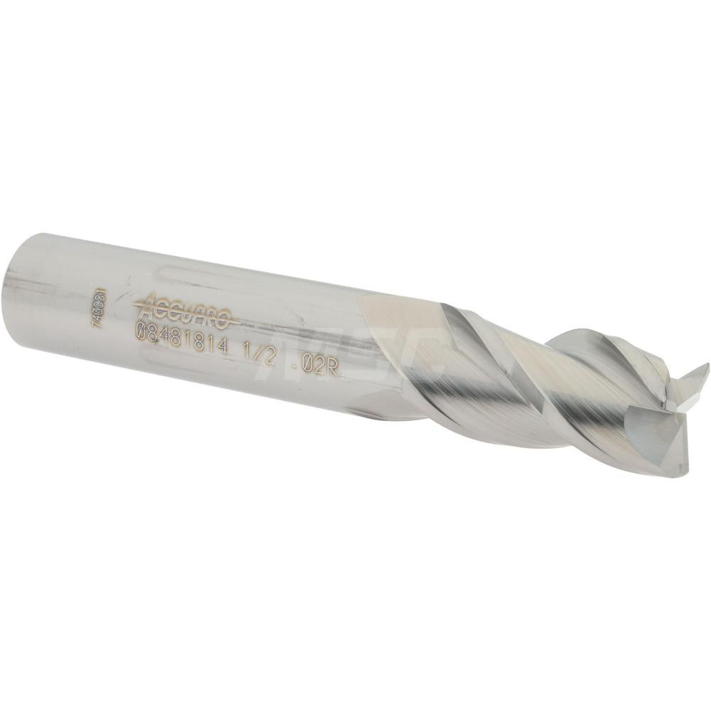 Accupro 08481814 Corner Radius End Mill 1/2" Dia, 1" LOC, 0.02" Radius, 3 Flutes, Solid Carbide