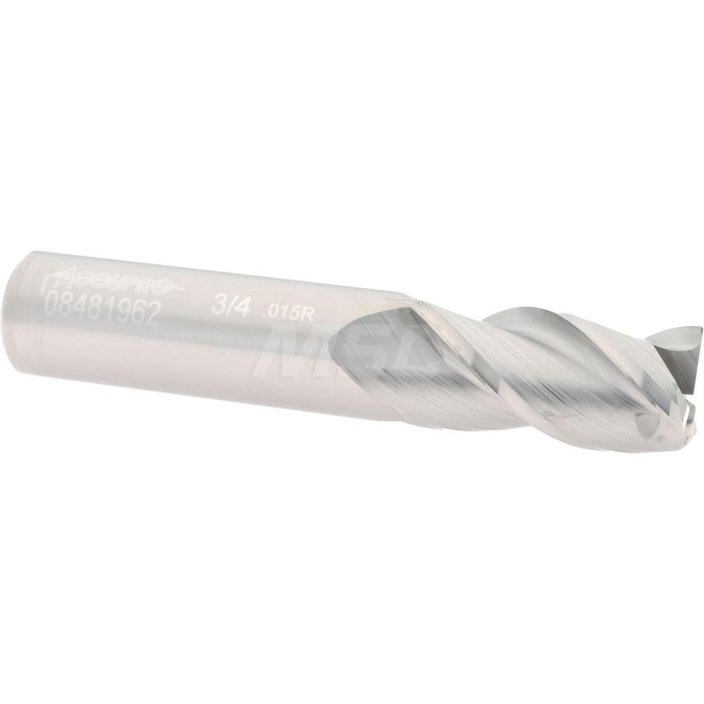 Accupro 08481962 Corner Radius End Mill 3/4" Dia, 1-1/2" LOC, 0.015" Radius, 3 Flutes, Solid Carbide