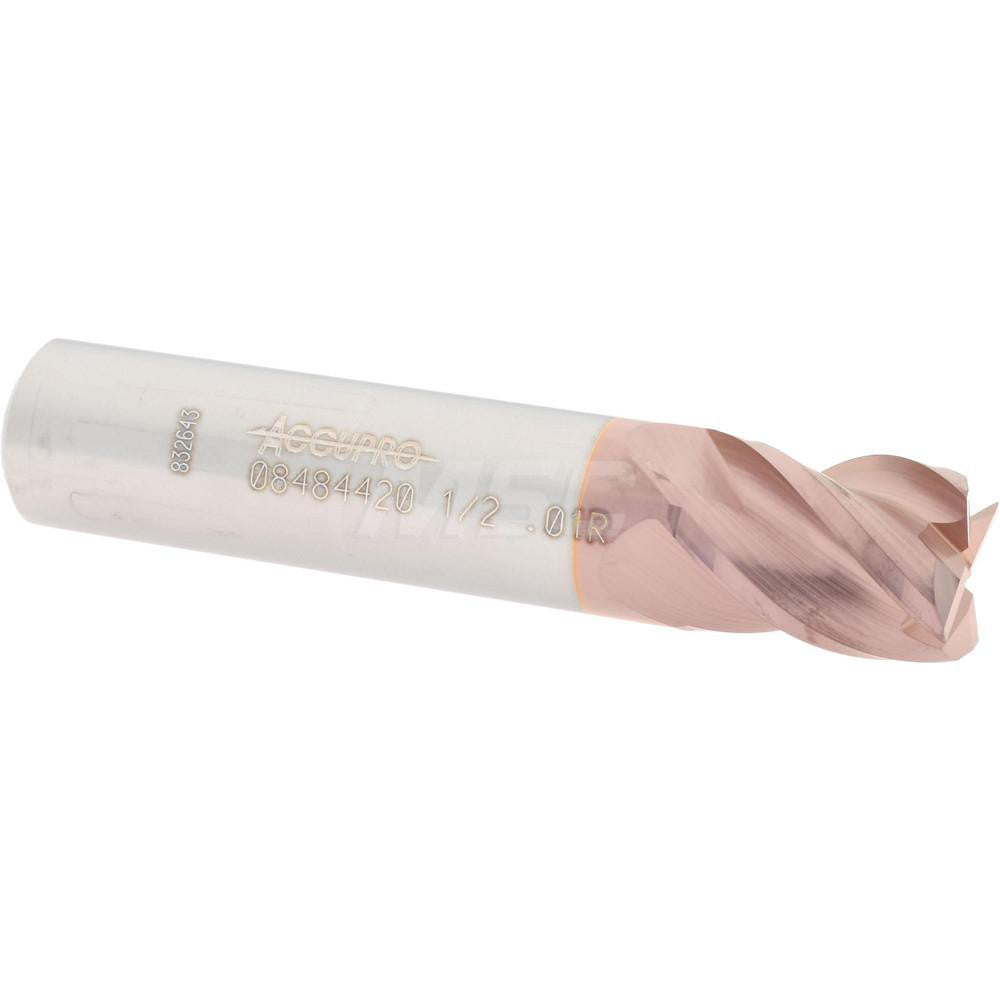 Accupro 08484420 Corner Radius End Mill 1/2" Dia, 5/8" LOC, 0.01" Radius, 4 Flutes, Solid Carbide
