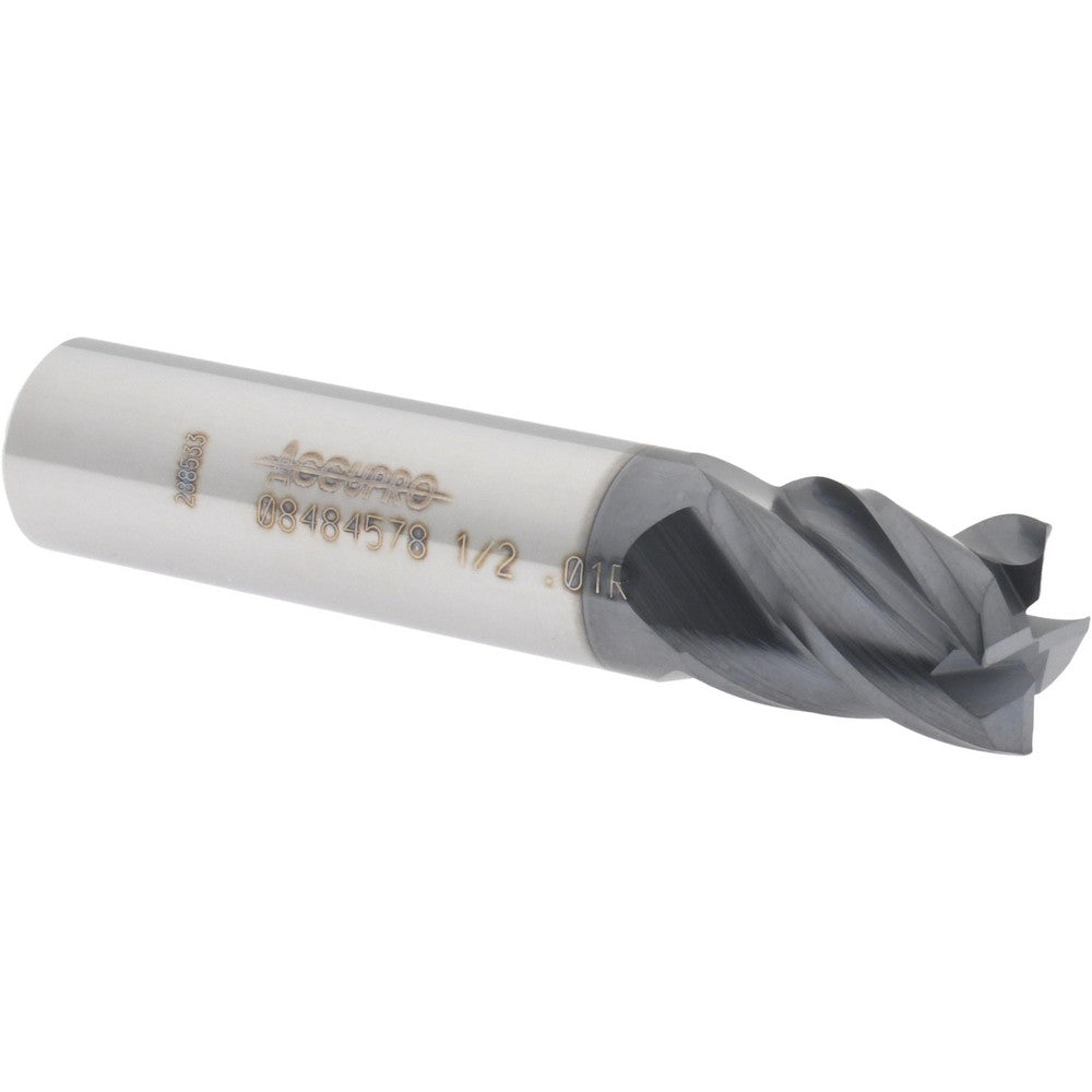 Accupro 08484578 Corner Radius End Mill 1/2" Dia, 5/8" LOC, 0.01" Radius, 4 Flutes, Solid Carbide
