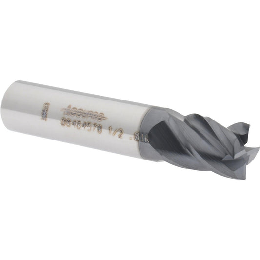 Accupro 08484578 Corner Radius End Mill 1/2" Dia, 5/8" LOC, 0.01" Radius, 4 Flutes, Solid Carbide