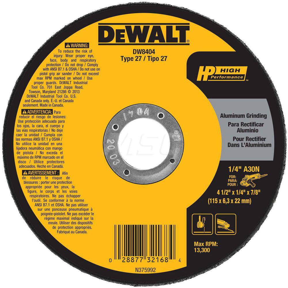 DeWALT DW8404 Depressed Grinding Wheel  Type 27,  4-1/2" Dia,  1/4" Thick,  7/8" Hole,  Aluminum Oxide