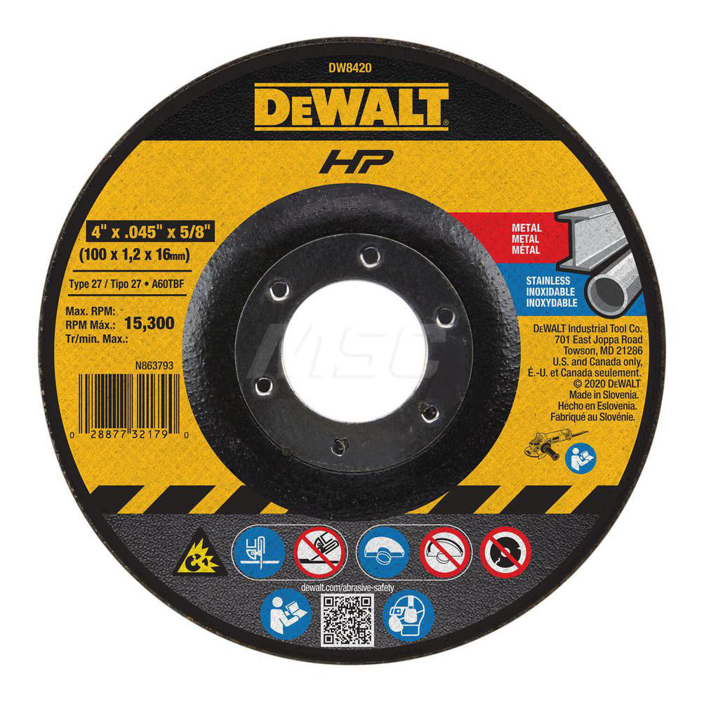 DeWALT DW8420 Depressed Grinding Wheel  Type 27,  4" Dia,  5/8" Hole,  Aluminum Oxide