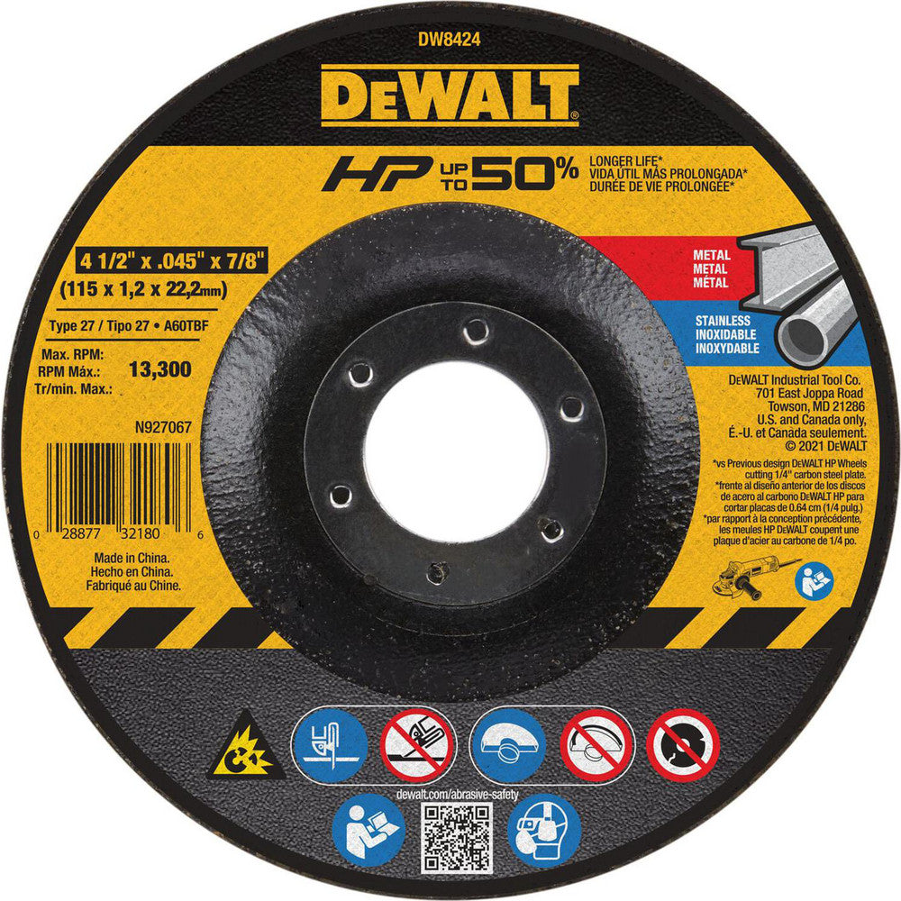 DeWALT DW8424 Depressed Grinding Wheel  Type 27,  4-1/2" Dia,  7/8" Hole,  Aluminum Oxide