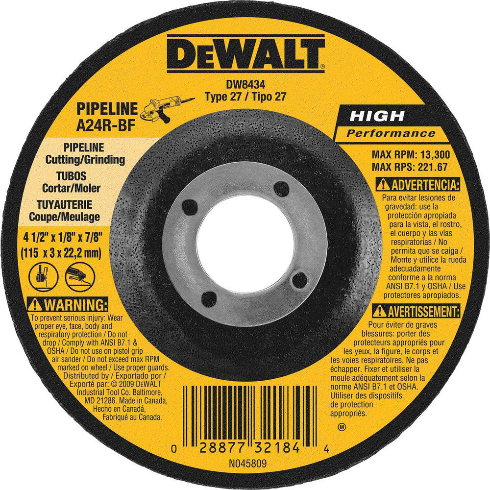 DeWALT DW8434 Depressed Grinding Wheel  Type 27,  4-1/2" Dia,  1/8" Thick,  7/8" Hole,  Aluminum Oxide