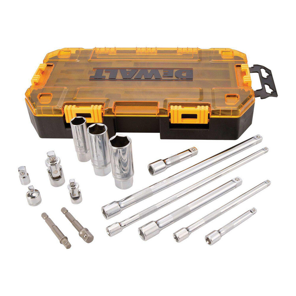 DeWALT DWMT73807 Socket Adapter & Universal Sets Type Universal & Socket Adapter Set  Universal Size (Inch) 1/4 in  Adapter Size (Inch) 1/4" to 1-3/8"  Finish Chrome  Drive Size 0.25in 0.375in  Container Type Case