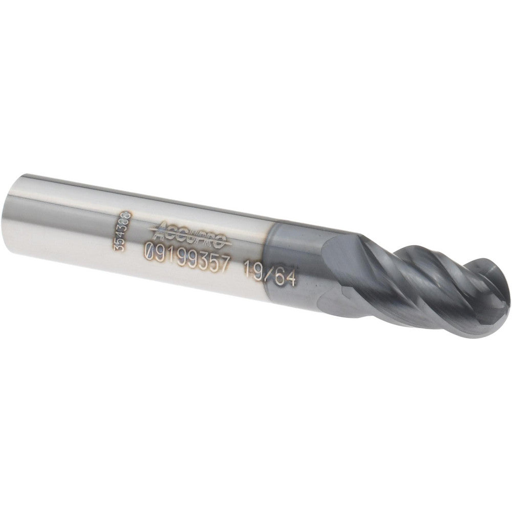 Accupro 09199357 Ball End Mill 19/64" Dia, 1/2" LOC, 4 Flute, Solid Carbide