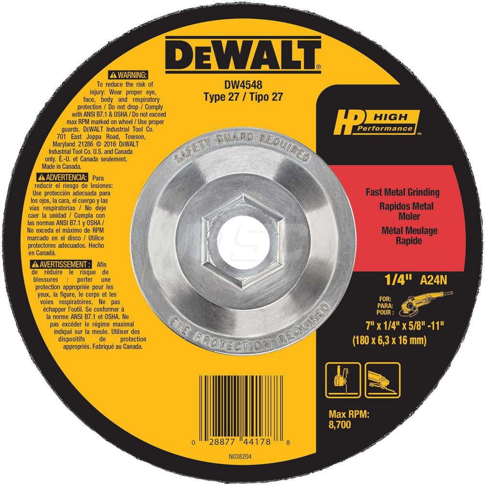 DeWALT DW4548 Depressed Grinding Wheel  Type 27,  7" Dia,  1/4" Thick,  Aluminum Oxide