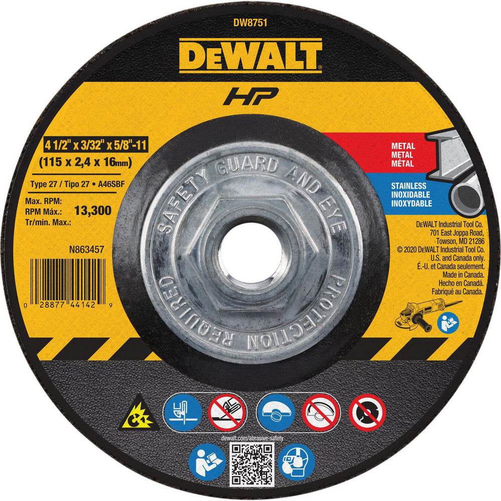 DeWALT DW8751 Depressed Grinding Wheel  Type 27 & Type 42,  4-1/2" Dia,  3/32" Thick,  Aluminum Oxide
