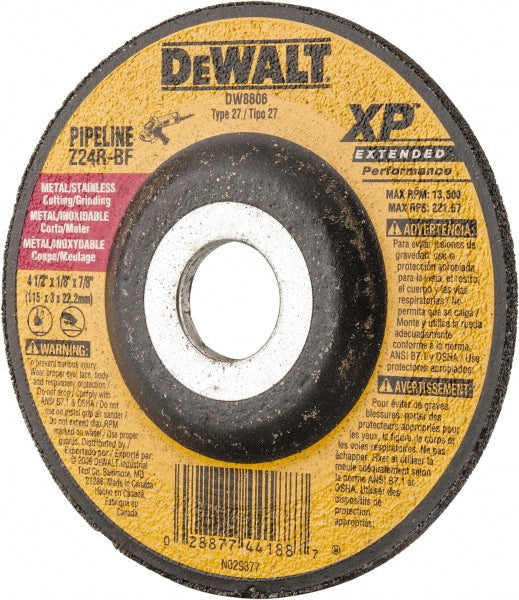 DeWALT DW8806 Depressed Grinding Wheel  Type 27,  4-1/2" Dia,  1/8" Thick,  7/8" Hole,  Zirconia Alumina