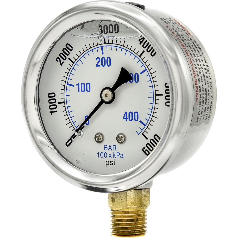 PIC Gauges PRO-201L-254S Pressure Gauge 2-1/2" Dial Dia, 0 to 6,000 psi, 1/4" MNPT, Lower Mount