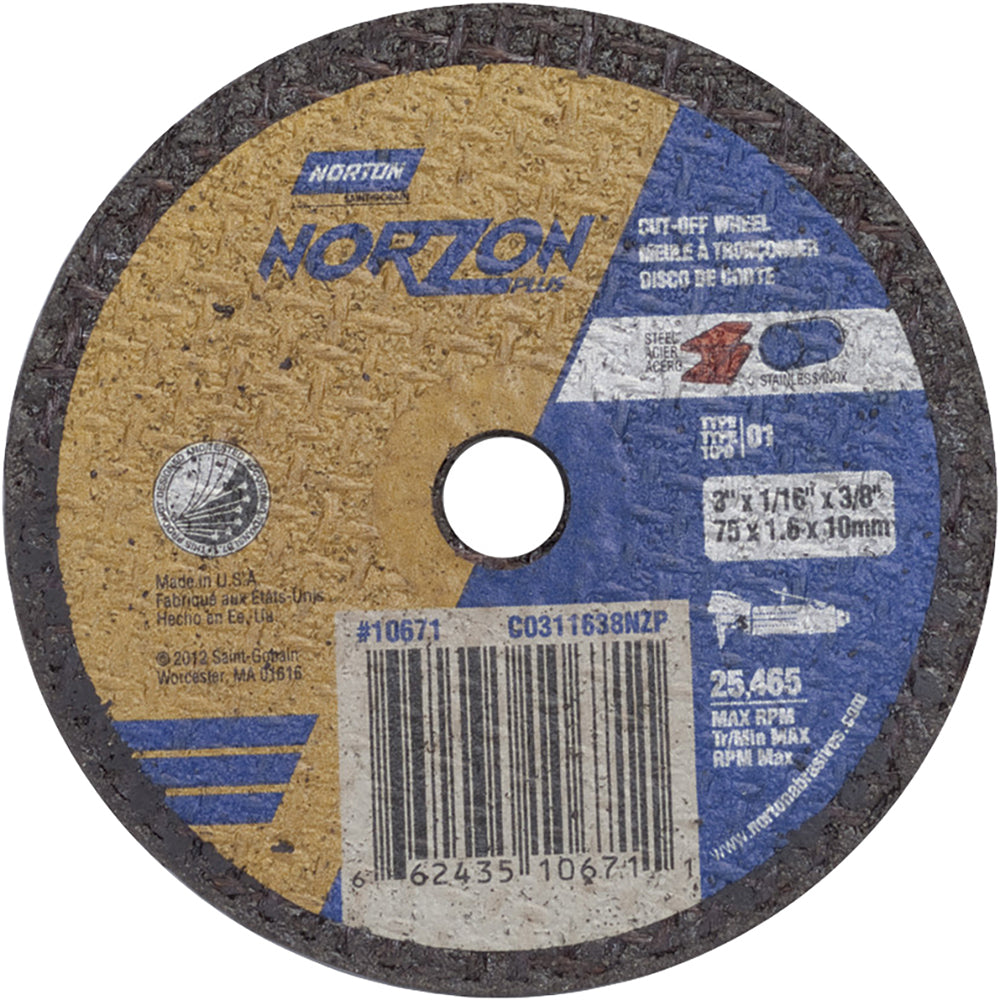 Norton 66243510671 Cut-Off Wheel 3" Dia, 1/16" Thick, 3/8" Hole, Ceramic
