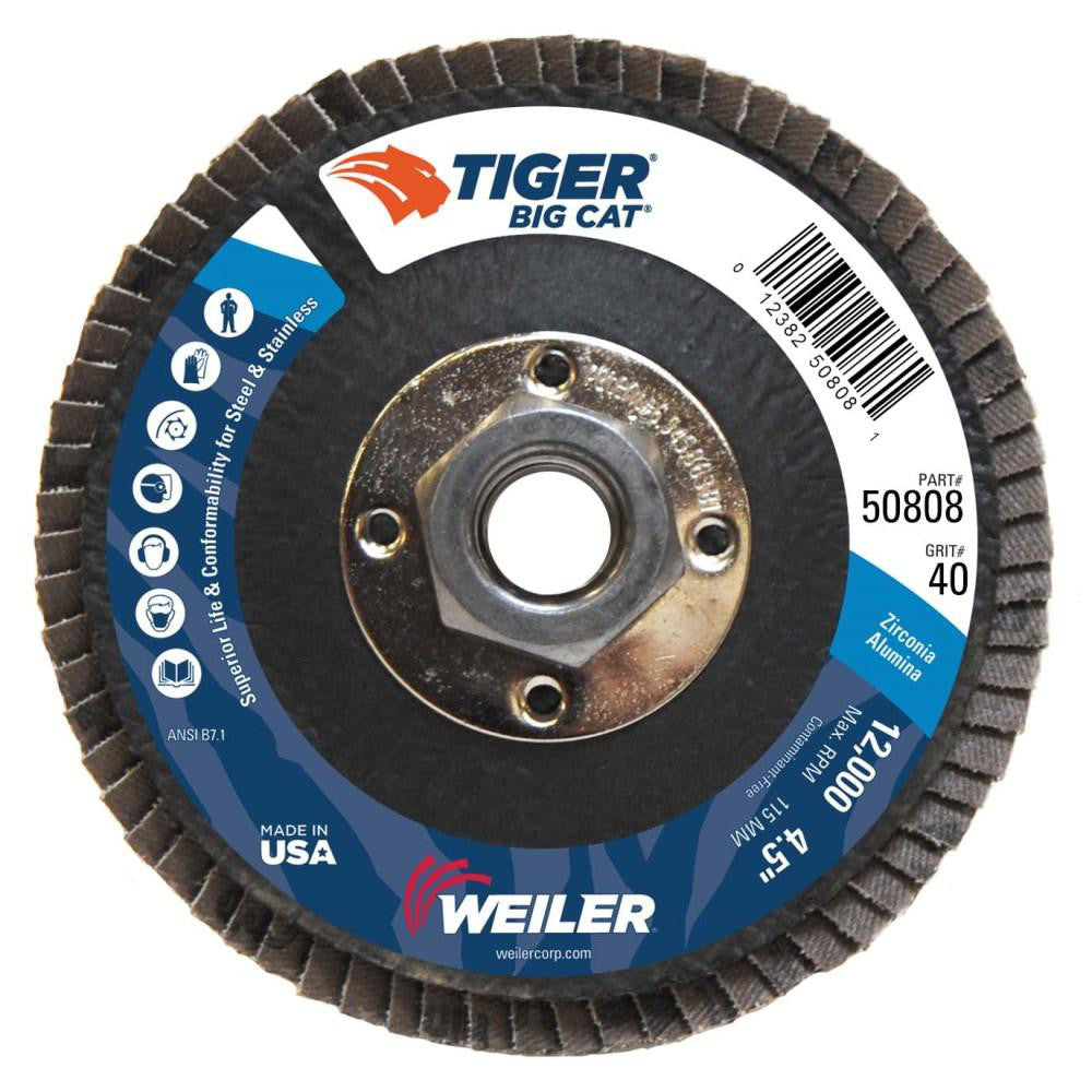 Weiler 50808 Flap Disc  4-1/2" Dia, 40 Grit, Zirconia Alumina, Type 27