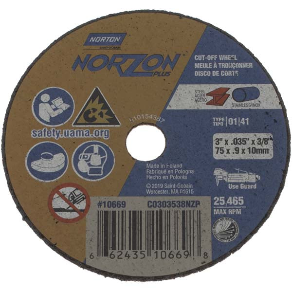 Norton 66243510669 Cutoff Wheel 3" Dia, 0.035" Thick, 3/8" Hole, Ceramic