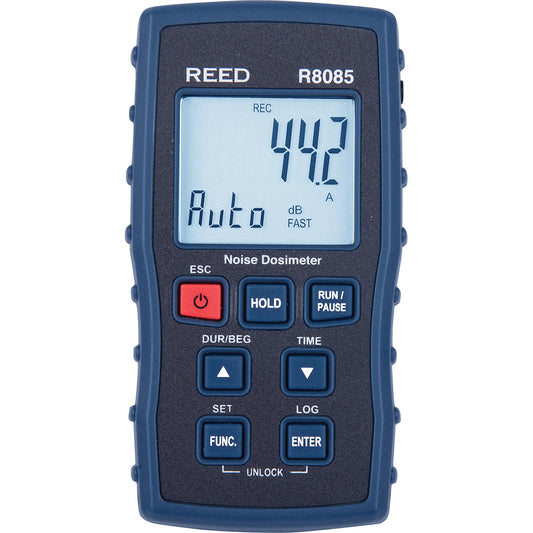 REED Instruments R8085 Sound Meters Meter Type Personal Noise Dosimeter  Maximum Decibel Rating 130dB  Minimum Decibel Rating 35dB  Frequency Weighting A & C  Display Type LCD