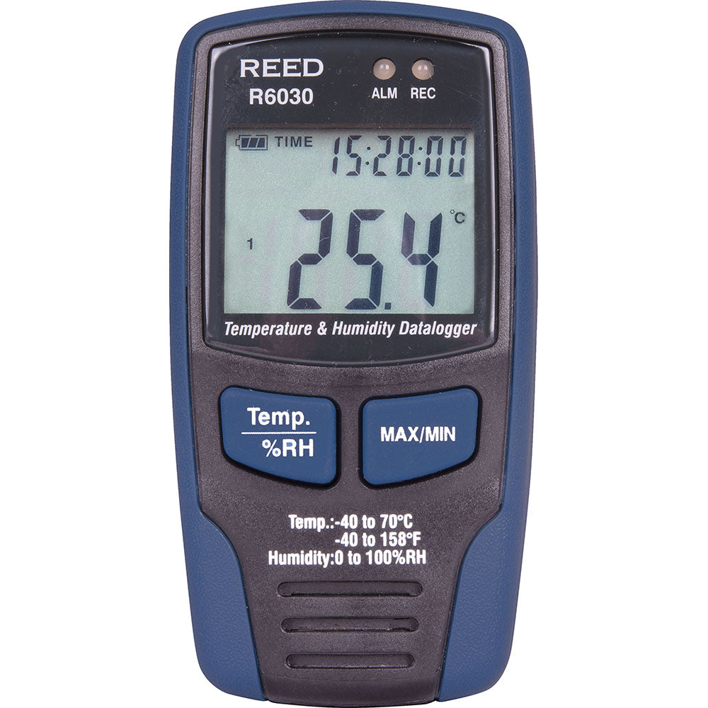 REED Instruments R6030 Thermometer/Hygrometers Minimum Relative Humidity (%) 0 Maximum Relative Humidity (%) 100.00 Minimum Temperature (C) -40.00 Minimum Temperature (F) -40.000 Maximum Temperature (C) 70.00 Maximum Temperature (F) 158.000 Resolution 0.1 Accurac