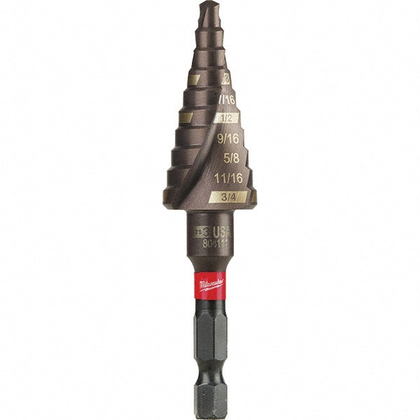 Milwaukee Tool 48-89-9243 Step Drill Bits 3/16" to 3/4" Hole Dia, 1/4" Shank Dia, Steel, 10 Hole Sizes