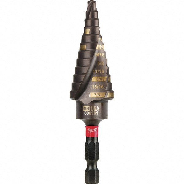 Milwaukee Tool 48-89-9244 Step Drill Bits 3/16" to 7/8" Hole Dia, 1/4" Shank Dia, Steel, 12 Hole Sizes