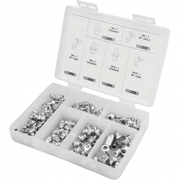 Pro-Lube GFT/KIT/M-80 Grease Fitting Sets Standard of Measurement Metric Material Steel Thread Types Included Metric Number of Pieces 80 Number Of Pieces 80 Grease Fittings Included M8×1 (10) 90° M10×1 (15) Straight, (10) 90° M6×1 (20) Straight, (10) 90°, (15)