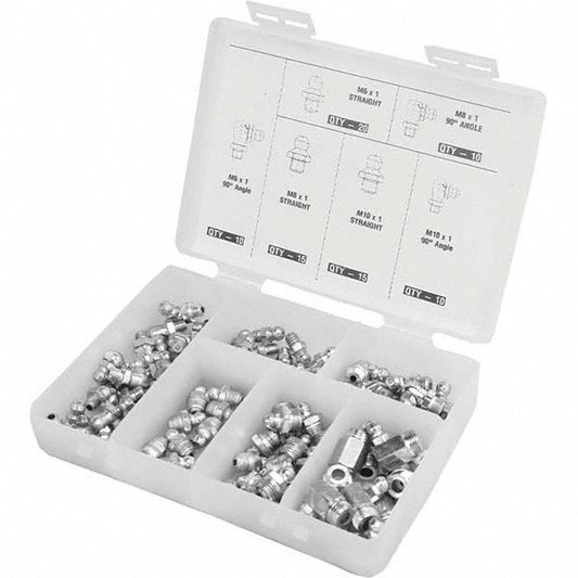 Pro-Lube GFT/KIT/M-80 Grease Fitting Sets Standard of Measurement Metric Material Steel Thread Types Included Metric Number of Pieces 80 Number Of Pieces 80 Grease Fittings Included M8×1 (10) 90° M10×1 (15) Straight, (10) 90° M6×1 (20) Straight, (10) 90°, (15)