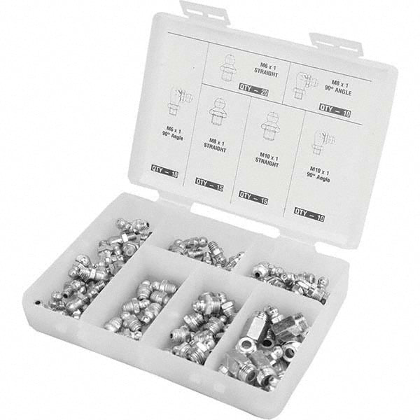 Pro-Lube GFT/KIT/SAE-80 Grease Fitting Sets Standard of Measurement Inch Material Steel Thread Types Included PTF SAE-LT Number of Pieces 80 Number Of Pieces 80 Grease Fittings Included 1/8"-27 PTF (25) Straight, (10) 45°, (10) 90° 1/4"-28 SAE-LT (15) Straight, (