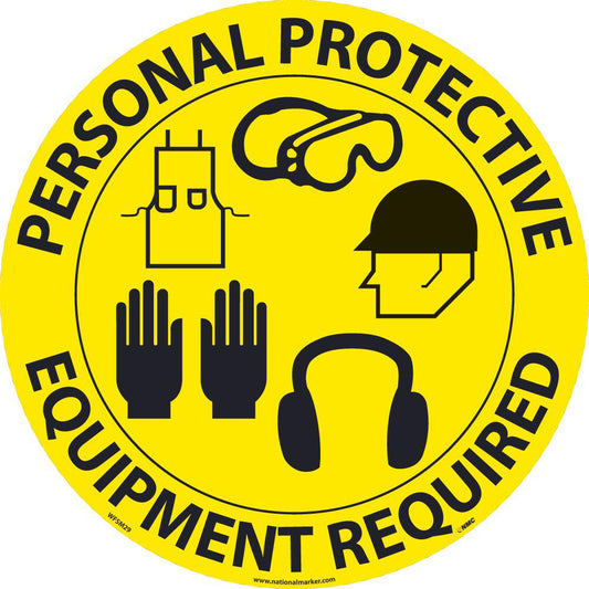 AccuformNMC WFSM29 Accident Prevention Adhesive Backed Floor Sign Round, ''Personal Protective Equipment Required''