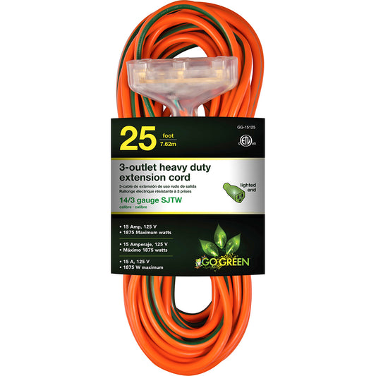 GoGreen Power GG-15125 Power Cords Cord Type Extension Cord  Overall Length (Feet) 25  Cord Color Orange  Amperage 15  Voltage 125  Wire Gauge 14