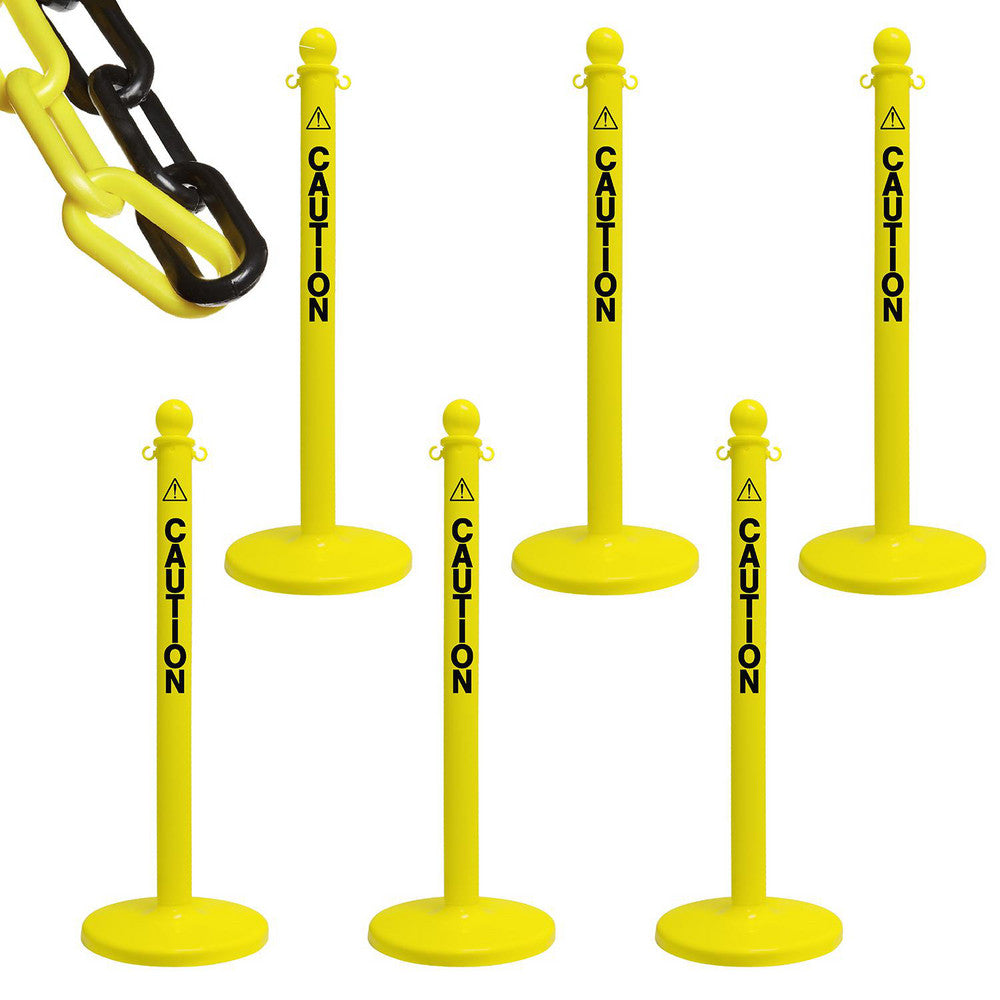 PRO-SAFE PS-96481-6 Stanchion with Caution Label & Chain Kit Plastic, Yellow, 50' Long, 2" Wide