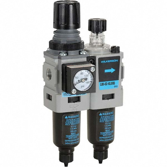 Wilkerson D08-02-FLG0B FRL Combination Unit 1/4 NPT, Miniature, 2 Pc Filter/Regulator-Lubricator with Pressure Gauge
