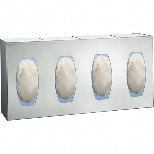 ASI-American Specialties, Inc. 0501-4 PPE Dispensers Dispenser Type Disposable Glove Dispenser  Mount Type Surface  Lid No  Overall Length 5in 127mm  Material Stainless Steel  Color Silver