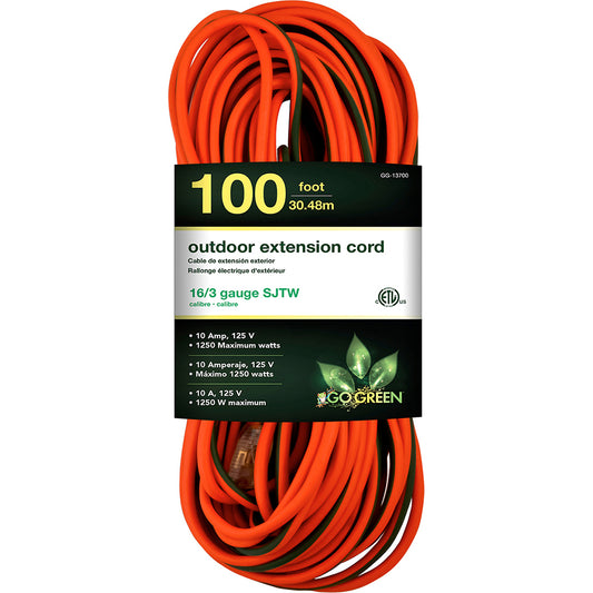 GoGreen Power GG-13700 Power Cords Cord Type Extension Cord  Overall Length (Feet) 100  Cord Color Orange  Amperage 10  Voltage 125  Wire Gauge 16