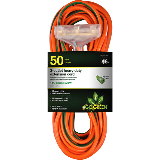 GoGreen Power GG-15150 Power Cords Cord Type Extension Cord  Overall Length (Feet) 50  Cord Color Orange  Amperage 15  Voltage 125  Wire Gauge 14