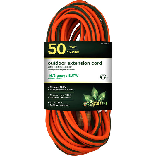 GoGreen Power GG-13750 Power Cords Cord Type Extension Cord  Overall Length (Feet) 50  Cord Color Orange  Amperage 13  Voltage 125  Wire Gauge 16