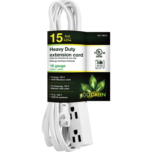 GoGreen Power GG-19615 Power Cords Cord Type Extension Cord  Overall Length (Feet) 15  Cord Color White  Amperage 13  Voltage 125  Wire Gauge 16