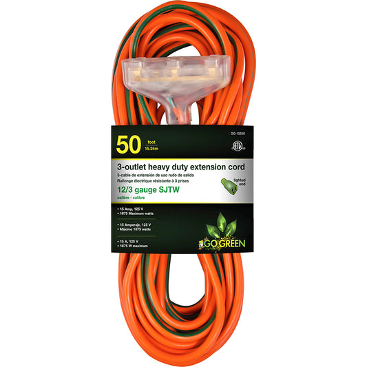 GoGreen Power GG-15250 Power Cords Overall Length (Feet) 20  Cord Color Orange  Amperage 15  Voltage 125  Wire Gauge 12  Number Of Conductors 3