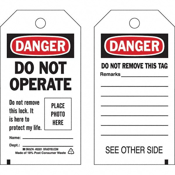 Brady 65501 Lockout Tag Rectangle, 5-3/4" High, 3" Wide, Polyester, "Danger"