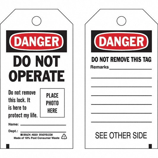 Brady 65501 Lockout Tag Rectangle, 5-3/4" High, 3" Wide, Polyester, "Danger"