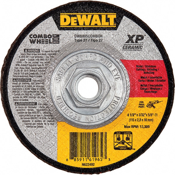 DeWALT DW8905COMBOH Depressed Grinding Wheel  Type 27,  4-1/2" Dia,  3/32" Thick,  Ceramic