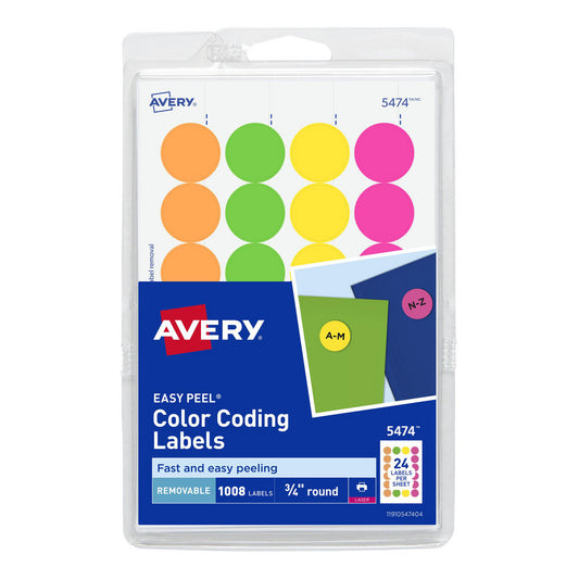 AVERY 05474 Labels, Ribbons & Tapes Type Color-coding labels 3/4 round  Color Family Assorted  Color Flouorescent Green Fluorescent Orange Fluorescent Pink Fluorescent Yellow  Number Of Labels Per Roll 1008  Label Diameter (Inch) 3/4