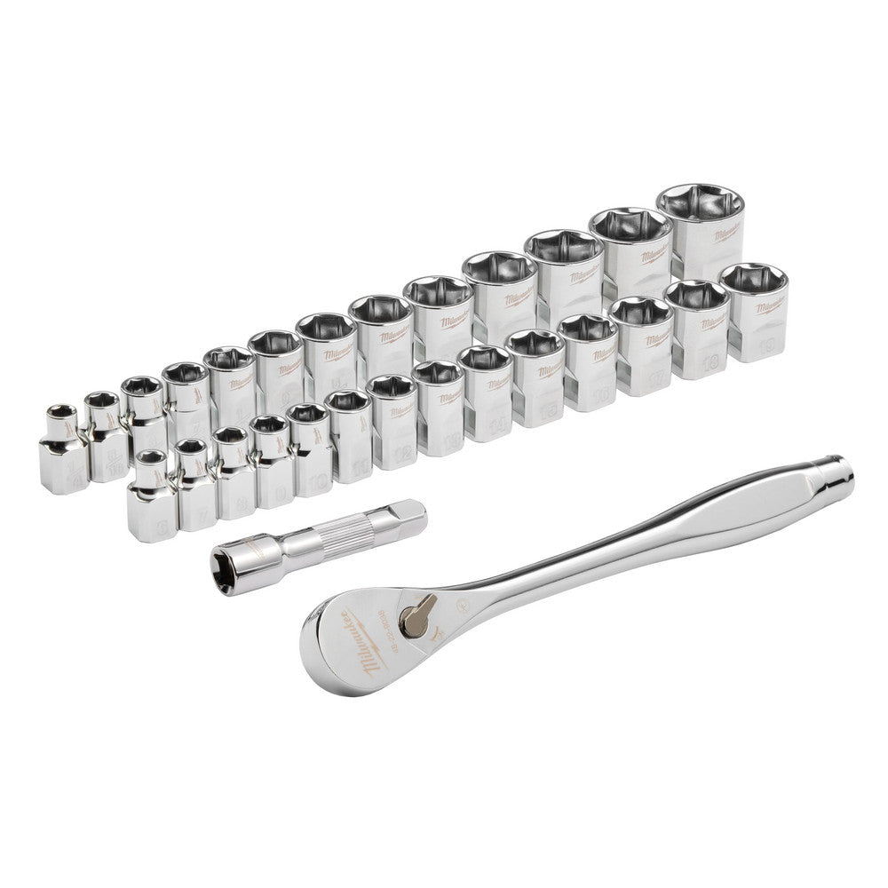 Milwaukee Tool 48-22-9088 Ratchet Socket Set 29 Pc, 3/8" Drive