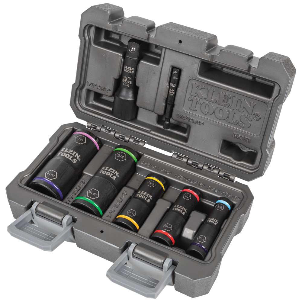Klein Tools 66070 Socket Sets Set Type Impact  System Of Measurement Imperial  Drive Size (Inch) 1/4 1/2  Number Of Points 6  Finish Coating Steel  Minimum Size (Inch) 3/8