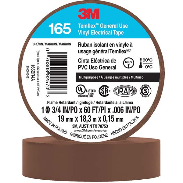 3M 7100169191 Electrical Tape 3/4" Wide, 60' Long, 6 mil Thick, Brown