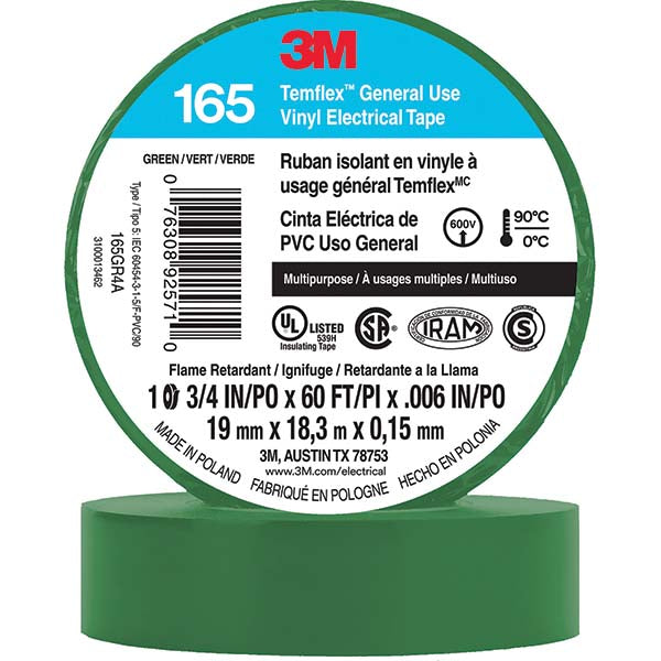 3M 7100169430 Electrical Tape 3/4" Wide, 60' Long, 6 mil Thick, Green