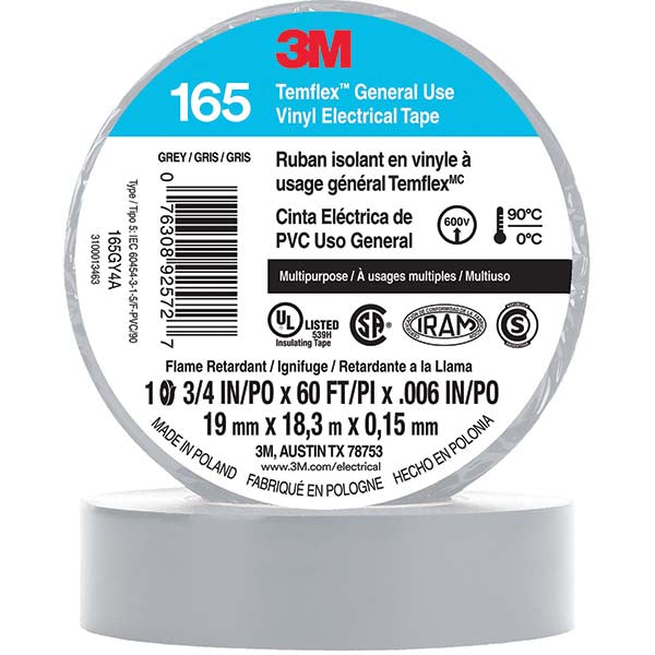 3M 7100169192 Electrical Tape 3/4" Wide, 60' Long, 6 mil Thick, Gray