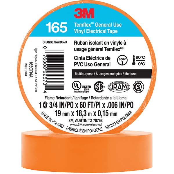 3M 7100169433 Electrical Tape 3/4" Wide, 60' Long, 6 mil Thick, Orange