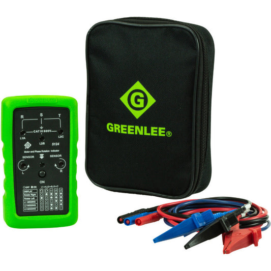 Greenlee 5124 Phase Rotation Testers Display Type LED  Minimum Operating Temperature (F) 32  Includes Tri-Colored Banana Leads Alligator Clips 9V Battery Soft Carrying Case  Standards Met Compliance CE, CETLUS  