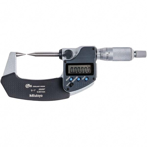 Mitutoyo 342-361-30CAL Point Micrometers Operation Type Electronic Thimble Type Ratchet Digital Counter No Accuracy ±.0001 in Anvil Material Carbide Spindle Material Carbide Calibrated Yes Finish Satin Chrome Traceability Certification Included TUV Certified