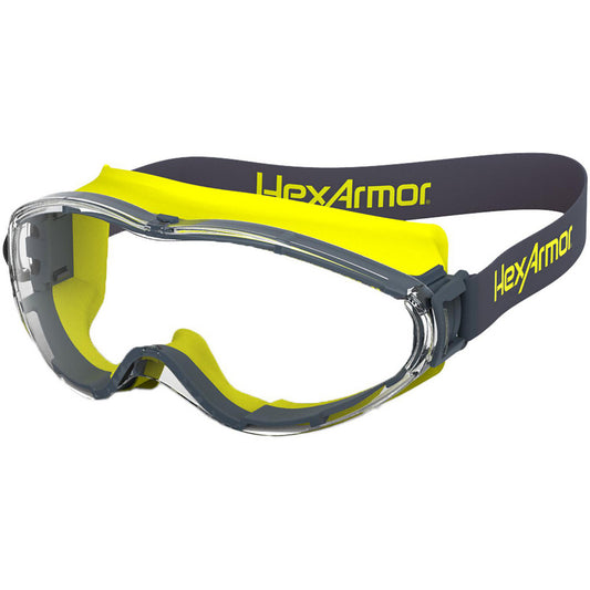 HexArmor 12-10007-05 Safety Goggles Vent Type Indirect  Protection Type Debris Dust Liquid Splash  Lens Color Clear  Lens Material Polycarbonate  Frame Color Gray  Frame Material Thermoplastic Elastomer