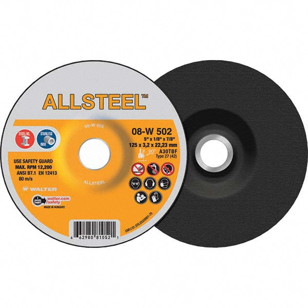 WALTER Surface Technologies 08W502 Depressed Grinding Wheel  Type 27,  5" Dia,  1/8" Thick,  7/8" Hole,  Aluminum Oxide