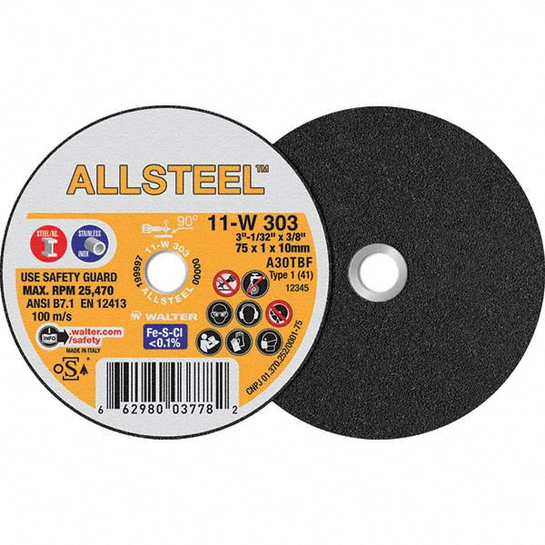 WALTER Surface Technologies 11W303 Cut-Off Wheel Type 1, 3" Dia, 1/32" Thick, 3/8" Hole, Aluminum Oxide